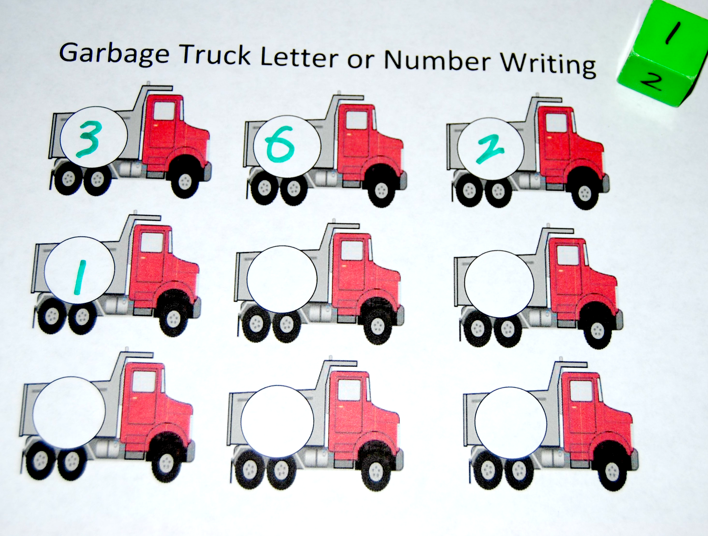 Garbage Truck Themed Letter or Number Stamping Mats for Preschoolers